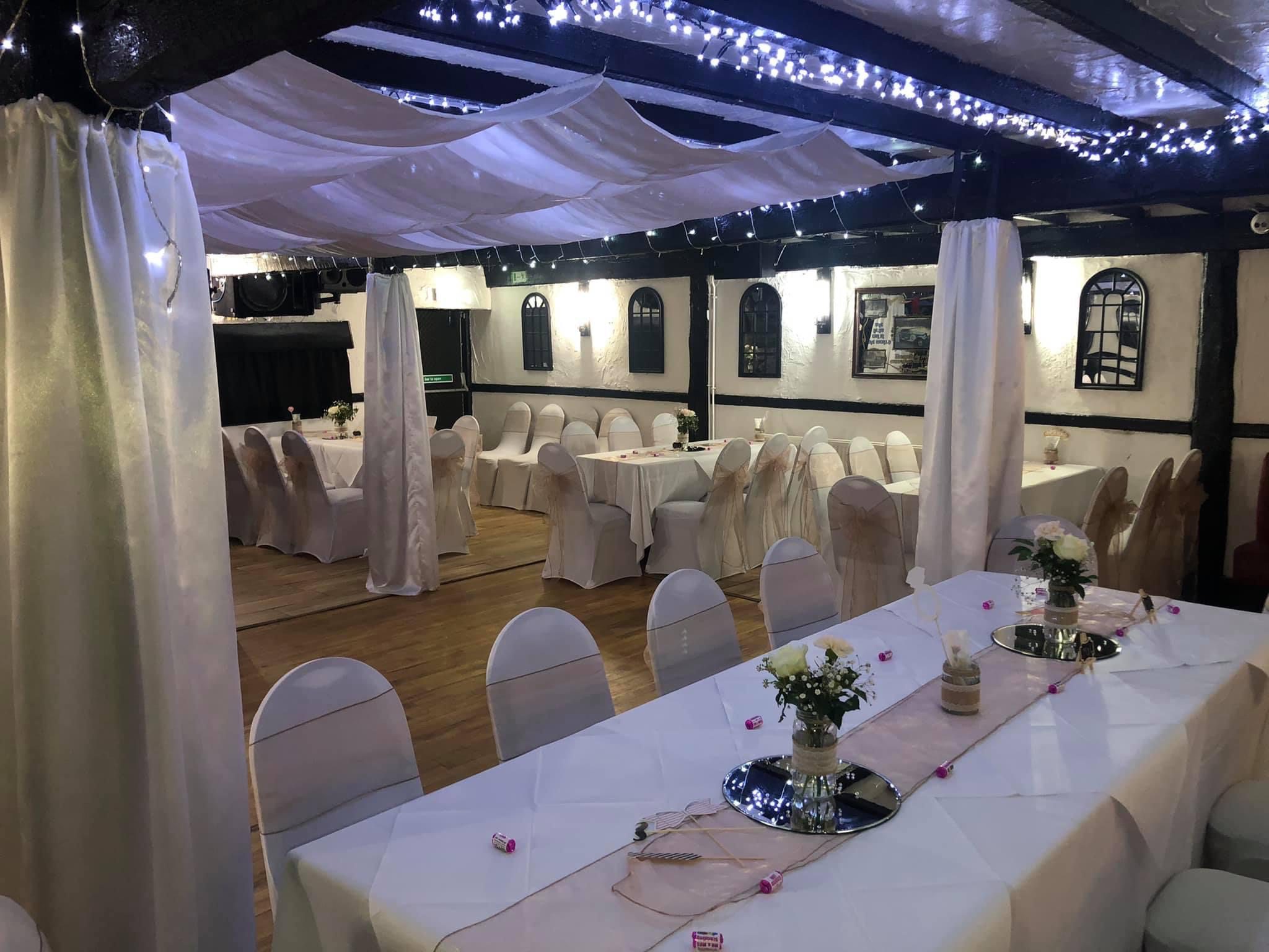 Elegant wedding reception with decorated tables.