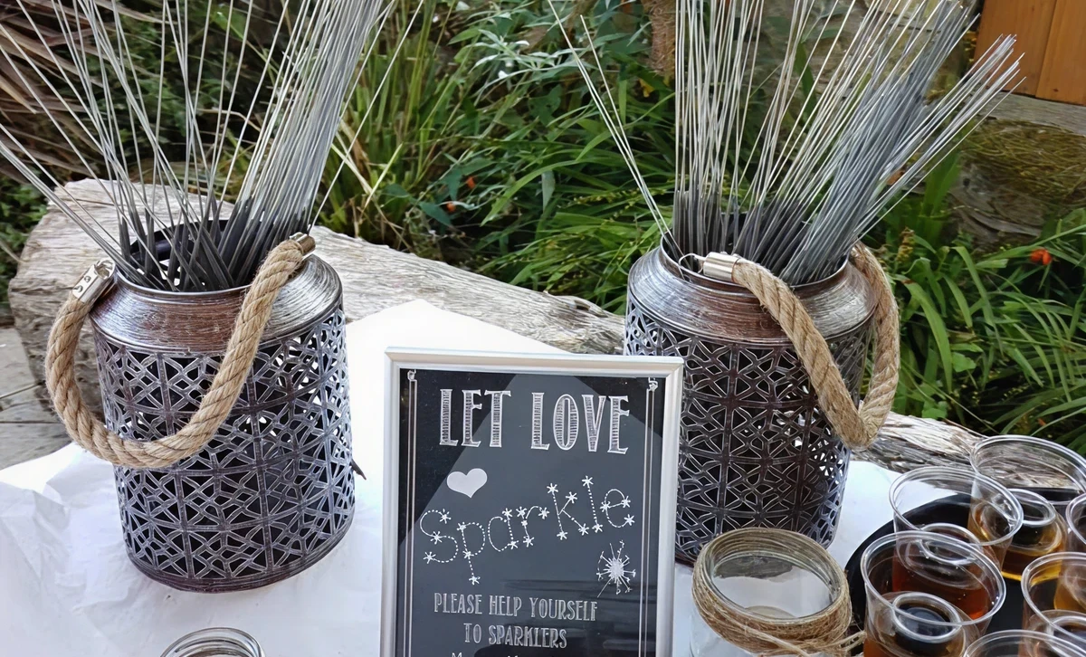 Decorative lanterns with sparklers and sign.
